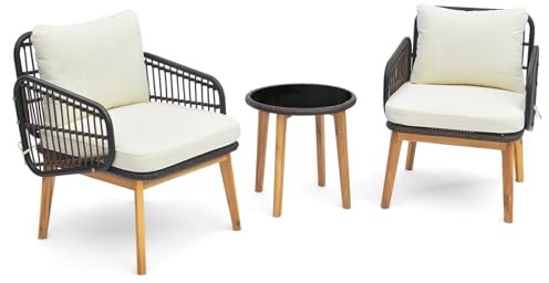 GIANTEX 3 TLG. Gartenmöbel Set, Balkon Terrassenmöbel Polyrattan, Balkontisch Bistrotisch mit Glasplatte, Balkon Möbel Loungemöbel 2 Korbstühlen inkl. Kissen, Balkonset Garten Sitzgruppe Sitzgarnitur