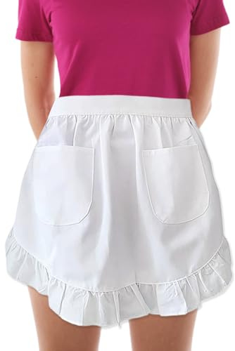 KSBBHDS 1 Stück Weiße Schürze, Einfarbige Halbschürze, Dienstmädchen-Rüschen-Vintage-Schürze, Doppeltaschenschürze, Taillenschürze Für Küche, Kochen, Kaffeezubereitung Und Gartenarbeit