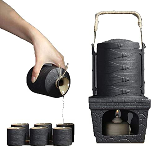 SilteD Set da Sake da 9 Pezzi con pentola scaldavivande e fornello per Candele, Set da Sake in Ceramica Smaltata Nera per Freddo/Caldo/Shochu/tè