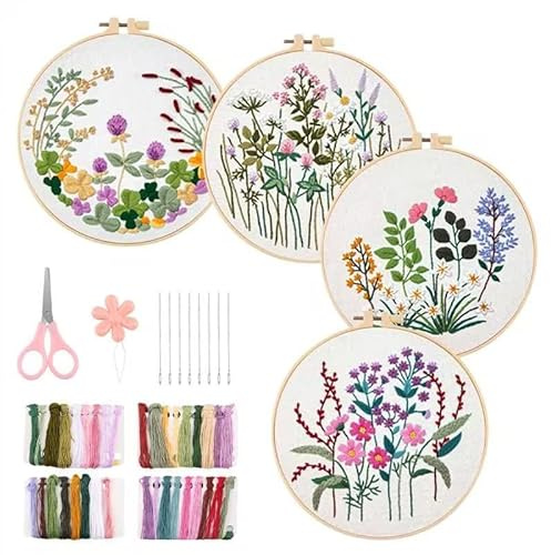 PBUSPU Kit di 4 Ricamo Starter, Kit Ricamo Principianti con Motivi Botanici Floreali,con Istruzioni Telaio da Ricamo Fili e Attrezzi da Ricamo, Artigianato Artistico fai da te Set Ricamo