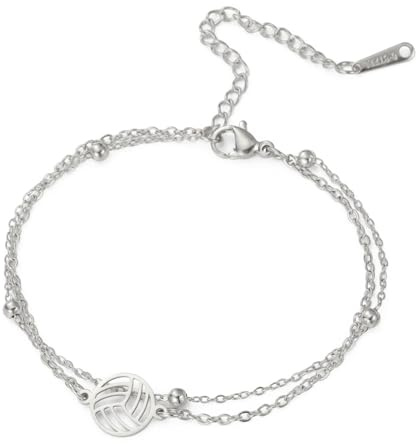 TEAMER Bracciale ciondolo pallavolo ridimensionabile Bracciale pallavolo doppia catena Gioielli sportivi di tendenza per gli amanti della pallavolo squadra atleta allenatore (Argento)
