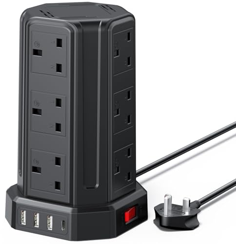 Tower Extension Lead 2M, Extension Cable with Usb Ports | 12 Way Multi Plug Extension Sockets with 4 USB Slots, [13A 3250W] Extension Cable 2M for Home, Office, Kitchen