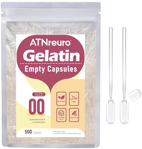 Empty Gelatin Capsules Size 00 Pure Bovine Capsule Shells 100 Count Easy Fill Halal Certified for Supplements Dry Powder Filling Home Use with 2 Micro Spoons