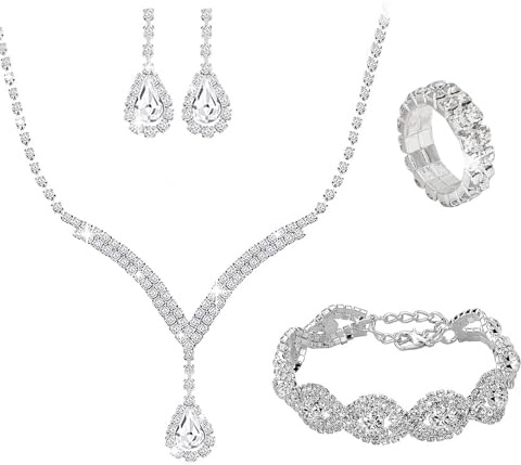 KBRPEY 4 Stück Brautschmuck Set Damen Mädchen Braut Halskette Tropfen Anhänger Ohrringe Ring Strass Armband Set Strass Kristall Hochzeit Schmuck Set Strass Halskette Hochzeit Party (Silber)