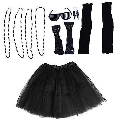 LIFKOME 80er Retro Kostüm Set Neon Halskette Ohrringe Handschuhe Tutu Röcke Fenster Rollos Brille Kostüm Schwarz