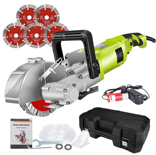 Fablestoryem Rozadoras Eléctrica 4000W, Fresadora de Pared, 7500 RPM, Máquina de Corte de Pared, con 5 Hojas de Sierra, Bomba de Agua, Tubo de Agua, para Mármol, Granito, Hormigón,Green