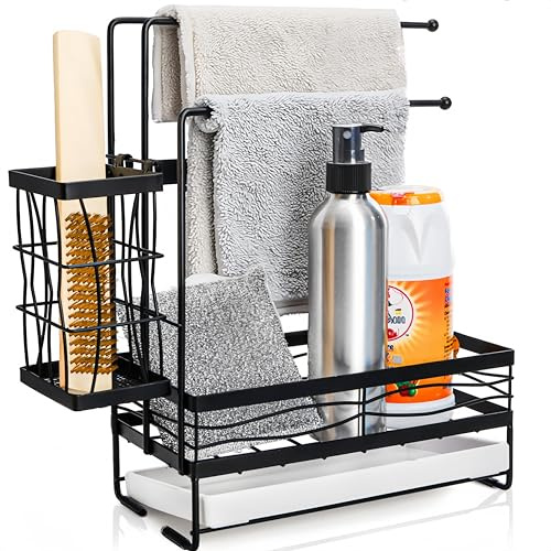 Tlence Kitchen Sink Caddy with 3 Dishcloth Drying Racks, Sponge Holder Rag Stand with Drain Pan, Metal Sink Storage Organizer with Removal Basket for Brush, Towel, Scrubber, Dish Rag, Black
