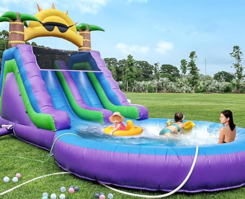 26FT(L) Commercial Grade Water Slide for Adults, (Double Slides) (Heavy Duty Full PVC) (Big Airtight Water Pool), (1100w UL Blower), Inflatable Waterslide for Backyard, Outdoor Blow up Park