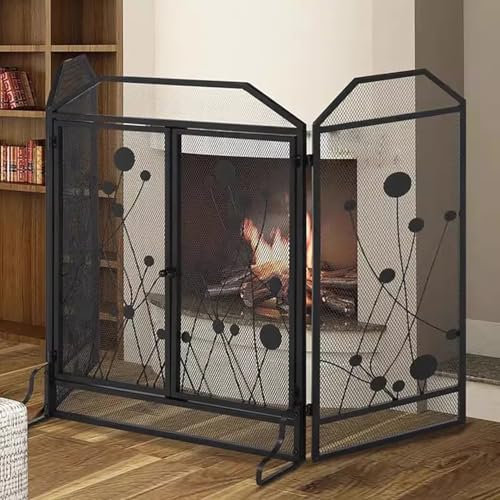 Salvachispas Chimenea Protector de Chimenea Plegable de Hierro Forjado con 3 Rejillas Negras, Protector de Malla a Prueba de Chispas para Chimenea con Puertas, Protector de Chimenea de Leña