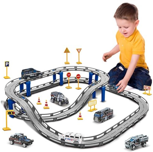 BASAMOU Pistas Macchinine Elettrico Giocattolo Bambini3 4 5 6 7 8 Anni, Trenino Elettrico Bambini Car Pista Corsa, Giocattoli Educativo Bambini Regalo Compleanno, Natale(con 4 Auto Casuali)