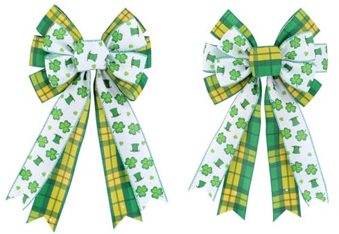 Shamrock Bow Tree Topper Wreath Decorations, 2 Pack Green Shamrock Party Decor Ribbon Bows, Irish Holiday Crafts Ornaments for Front Door Wall Decoration for Trees, Stairs, Fireplaces