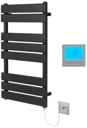 Richmond Black Electric Heated Towel Rail 500mm W x 800mm H + Timer | Includes 7 Day/Thermostat, Flat Panel, Bathroom Towel Radiator, Wall Mounted