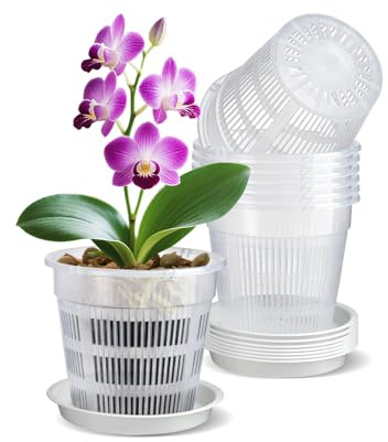 IWTTWY 8 Stück Transparenter Orchideentopf, 11cm Kunststoff-Pflanztöpfe | mit Ablaufloch und Tablett, Zimmerpflanzentöpfe für Orchideen-Umtopf-Set, Samen-Sämling-Töpfe für Wurzelwachstum
