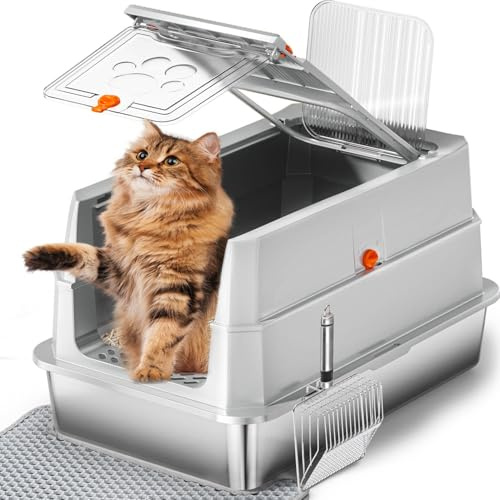 Stainless Steel Cat Litter Tray,165° Flip-Top Large Enclosed Litter Box with Metal Litter Scoop & Cat Litter Mat(Light Gray)