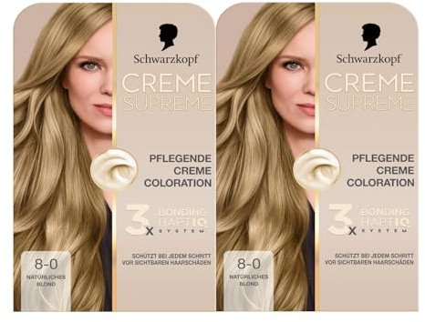 Schwarzkopf Creme Supreme Coloration 8-0 Natürliches Blond (2x182 ml), dauerhafte Haarfarbe mit Serum und Haar-Maske schützt vor sichtbaren Haarschäden, für 100% Grauabdeckung