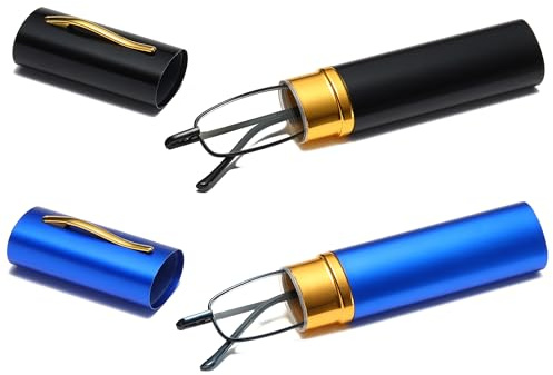 ZXYOO 2 Paia Occhiali da Lettura Anti Luce Blu – Montatura Metallica Leggera,Occhiali da vista unisex compatti con cerniera a molla, Custodia Portatile con Clip per Penna