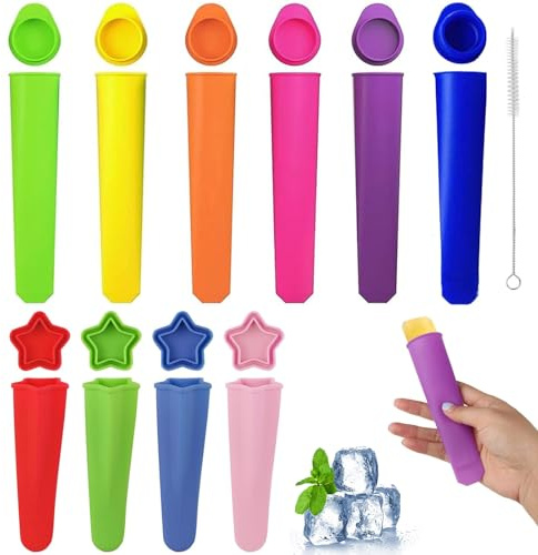 LDBKLGHJ Stampi ghiaccioli Silicone Set 10 Pezzi Colorati stampi per ghiaccioli e Gelato con Coperchio e Spazzola Pulizia 12.5x3.5cm 15x3cm Perfetti per Cucina Estiva e Dessert Fai da Te Bambini adul