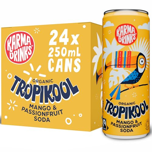 Karma Drinks Tropikool Flavoured Fizzy Soft Drink, 24 x 250ml Cans | Organic, Fairtrade, Natural Ingredients, Real Mango, Vegan, Gluten Free, B-Corp Brand, 24 Can Multipack