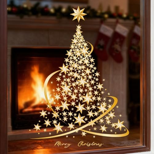 APKOL Weihnachtsbaum Fensteraufkleber groß,DIY statische Goldene fensterbilder Weihnachten groß für Glas,PVC fensterbild Weihnachtsbaum für Fenster Wand Türaufkleber Schaufenster(1 Pcs)