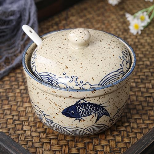 MINGZE Azucarero de 300 ml, Cerámica, con Tapa y Cuchara, para el hogar y la cocina, y Cuchara para casa y Cocina