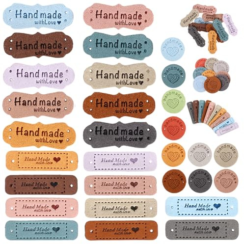 60 Stück Handmade Label Zum Annähen, 3 Style Handgefertigte Lederetiketten Mikrofaser Lederetiketten Mit Löchern Mit Liebes Herz Lederetikettens Labels Zum Annähen Für Kleidung Annähens DIY-Hüte