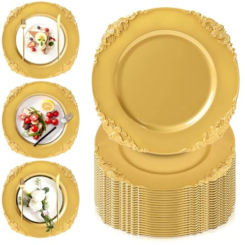 PROY 100 Pcs Gold Charger Plates Bulk, 13 Round Charger Plates with Embossed Rim, Decorative Dinner Charger Serving Plates for Table Setting, Wedding, Party, Event