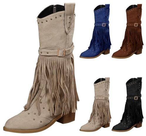 Generiska cowboystövlar för kvinnor med fransar stövlar mocka med klack vintage arbetsstövlar halvhöga riddarstövlar blockklack snöstövlar långa västerländska stövlar vattentäta vinterstövlar, Beige