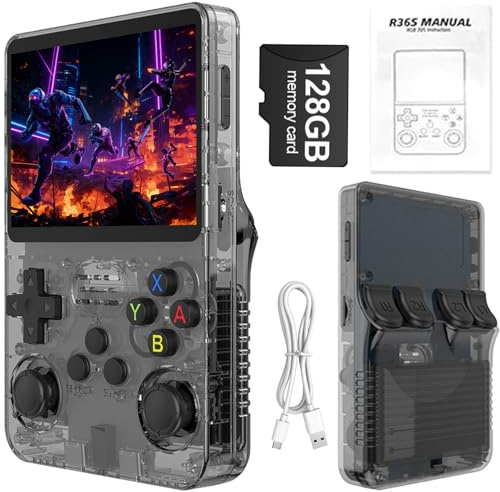 R36S Retro Handheld Games Console, 40,000+ Classic Games Portable Pocket Video Player with 3.5 Inch HD Screen, 128G TF Card, 3300mAh Battery,Open Source Linux System Screen for Teens and Adults,Black