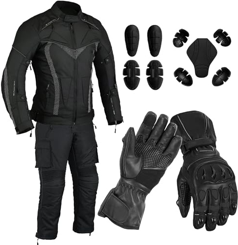 SAGA MOTO Men’s CE Armoured Waterproof Motorcycle Suit (Jacket & Pants) with Touchscreen Leather Riding Gloves (Black, M (Trouser L30))