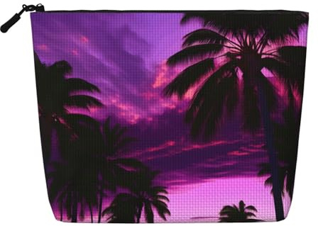 DRTGEDS Palm Tree Purple Sunset Daily Pouch Cosmetic Bag Fake Hemp Large Organizer For Travel Toiletry Water Resistant