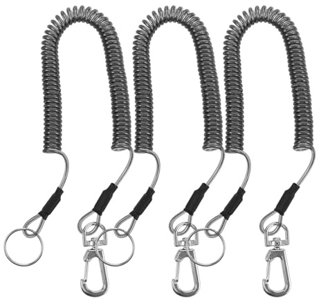 GANAZONO Lot de 3 Cordons Extensibles Enroulés Noirs 1,5 M avec Ressort Spiralé en Acier Inoxydable, Porte-clés Rétractable pour Kayak, Pêche et Activités de Plein Air, Accessoires
