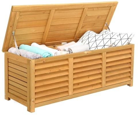 LEADZM Gartenbox Holz, 165 Liter, mit Deckel, Tragfähigkeit 150 kg, Auflagenbox, geeignet für Gärten, Balkone, Wintergärten oder Aufbewahrungsbänke, 121 x 45 cm