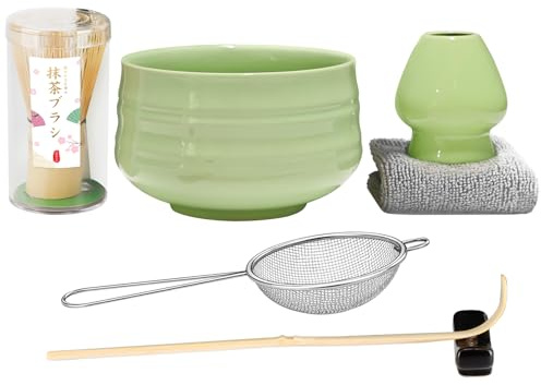 7pcs Matcha Set, Matcha Whisk Set - Matcha Whisk Bamboo, Whisk Holder, Matcha Bowl, Scoop, Sifter, Absorbent Cloth - Japanese Tea Ceremony Set for Home Use or as a Gift, Pale Green