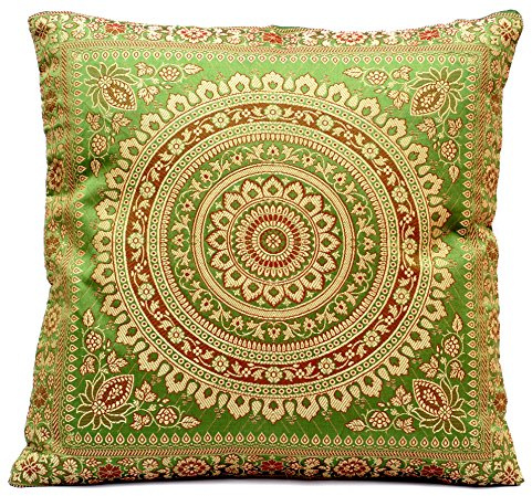 Ruwado Grün Seide Kissenbezug | Zierkissenbezug | Sofakissenbezug | Dekokissen | Zierkissen - 40 cm x 40 cm ***Handgewebt und Handgefertigt von Kunsthandwerkern aus Kaschmir-Indien***