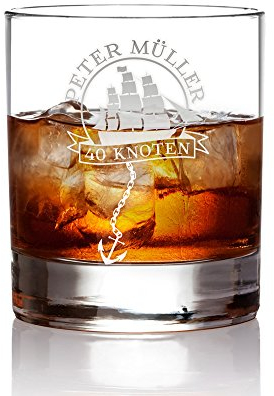 AMAVEL Vaso de ron con grabado para cumpleaños, barco de vela con ancla, personalizable con nombre y edad, capacidad: 320 ml