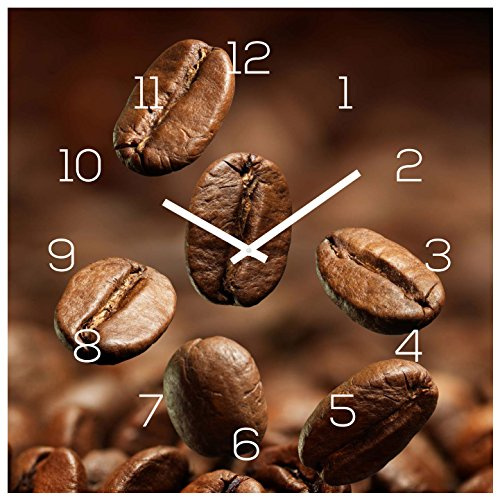 levandeo Wanduhr Glas 30x30cm Uhr Glasbild Kaffee Kaffeebohnen Coffee Wanddeko Glasuhr Küche