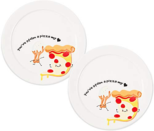 Pavilion Gift Company Pavilion-You've Stolen A Pizza My Heart-7.25 Inch Pizza & Wings Ceramic Appetizer Plates Set of 2, White
