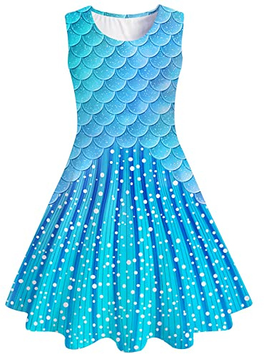 uideazone Kids Girls Printed Mermaid Fish Scale Sundress Cute Sleeveless Playwear Dress for Summer Spring Back to School