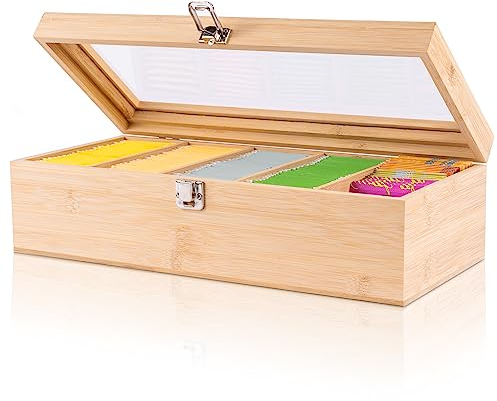 Valuna Teebox Bambus 5 Fächer -Tee Aufbewahrung von 100 Teebeutel - Holz Tee Box mit Acryl-Glasdeckel - Tee Organizer groß - Dekorative Aufbewahrungsbox - tolles Geschenk - H x B x T: 11x36x16cm