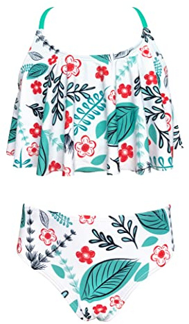 SHEKINI Imprimé Réglable Maillot de Bain Deux Pièces pour Filles Volants Top Bikini Mid Waist Bas de Maillot Bikini Filles