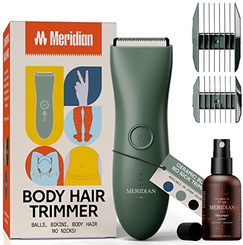 Meridian Intimrasierer Mann Elektrisch Mit Intimspray (50 ml) | Hoden Rasierer | Körperrasierer Herren Für Schamhaare, Achseln, Brust | Wasserdicht, Hautschonend | 90 Min Akku | Sage Grün