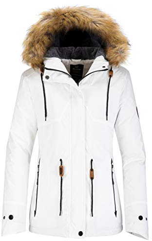 Wantdo Women's Warm Ski Jacket Waterproof Windbreaker Snowboarding Jacket Hooded Winter Coat Outdoor Snow Jacket with Fleece White S