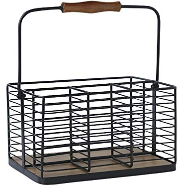 VANRA Soporte para utensilios de cocina, organizador de condimentos, cesta de almacenamiento, organizador de cubiertos de metal con mango de madera, color negro