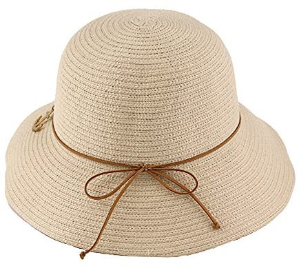Sombrero Mujer de Paja de Playa con Moño y Cruzar, Pamela de ala Ancha para el Sol, Gorro Plegable y Flexible (Beige, 57cm)