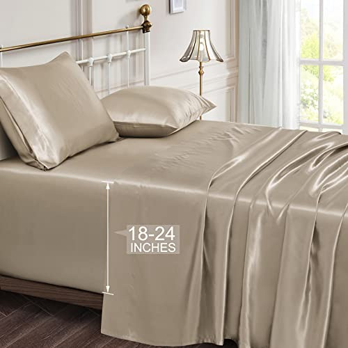 Vonty Satin Sheets Extra Deep Pocket King Size Sheets - Cooling & Silky Satin King Sheets Set with 18-24 Inch Deep Pocket, Taupe Satin Bed Sheets Fit Up to 24 Deep Matress - 4 Piece
