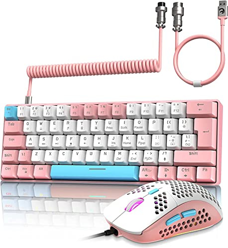 ZIYOU LANG Wired Gaming-Tastatur und Maus Combo mit Spiral USB-C Kabel T60 Pro - Kompakt 60% UK Layout(QWERTY) Mechanische Tastatur Klicke Blue Switch, 6400DPI Ultra-Light RGB Mäuse für PC/Mac - Rosa