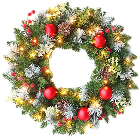 Türkranz Weihnachten Beleuchtet Batterie, Weihnachtskranz Haustür Led, Weihnachtstürkranz Außen Mit Beleuchtung, Weihnachtsdeko Amerikanisch Tür Lichterkranz Künstlich Edel Rote Beeren Kugeln (35CM)