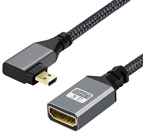 cablecc Cavo di prolunga da micro HDMI 1.4 maschio a HDMI femmina, con angolo di 90 gradi, 4 K, tipo D, per fotocamera DV MP4 e computer portatili DC