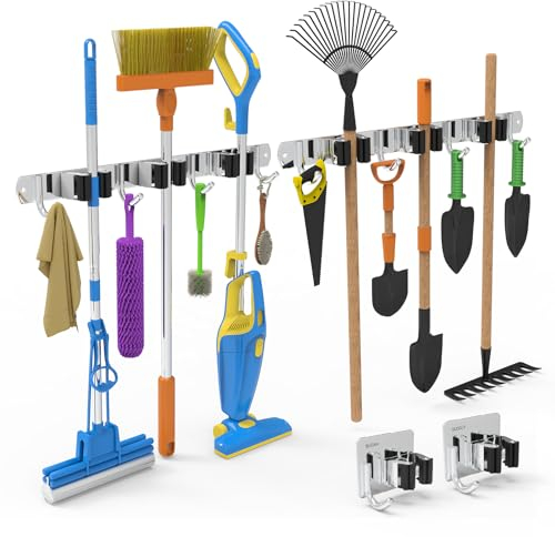 3-H Besenhalterung Wand 2 Stück mit 2 Besenhalter,2-in-1 Dual Montage(Stabile Schraubmontage oder wandschonend selbstklebend),Edelstahl Gerätehalter für Garten Garage Keller(3 Halter & 4 Haken,Silber)