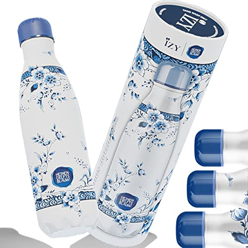 IZY Dricksflaska x Heinen Delft Blue - Vattenflaska i rostfritt stål - Termosflaska 500 ml - Dubbelväggig termosflaska för på språng - BPA-fri (Fajans)
